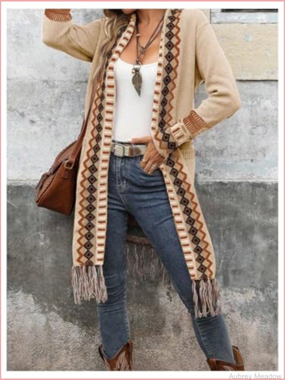 Boho Long Cardigan Sweater Western Fringe Duster Open Front Knit with Pocket - Picture 5 of 5